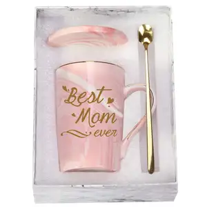 Best Mom Marble Mug Birthday Mothers Day Gifts para a mãe de filha filho 14 onça Gift Box com colher e copo Mat rosa