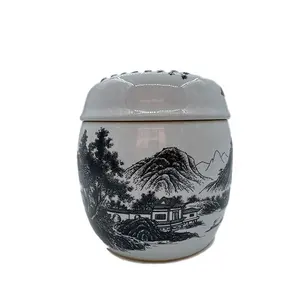mavi tabut Suppliers-Cenaze malzemeleri Jingdezhen yüksek sıcaklık seramik tabut için satış mürekkep boyama & mavi ve beyaz manzara yuvarlak sunak çay urn