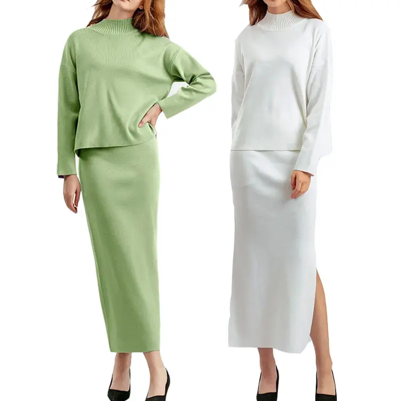 Ensembles deux pièces tricotés et personnalisés en laine et cachemire pour femmes robe pull douillet pull à col roulé pull robe moulante ensemble de costumes pour femmes