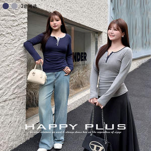 Happy Plus Solid Color Long Sleeve T-Shirt Navy Blue Gray Medium Thickness With Label Plus Size Women's Top - Product Image 2