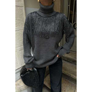 Pull en tricot Sobe avec détails en pompon pour femme, manches longues, décontracté, anti-boulochage, anthracite - Product Image 4