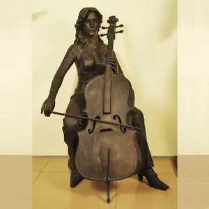 Tuin Decor Levensgrote Bronzen Cello Standbeeld Spelen Instrument Personen Sculptuur