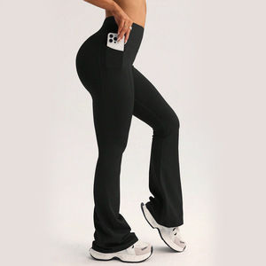 <span class=keywords><strong>Pantalon</strong></span> de yoga évasé pour femme, coupe large, légèrement évasé, longueur intégrale, effet ventre plat, color block, couleur pêche, style international - Product Image 2