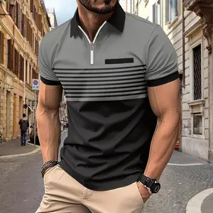 New Design Hot Sale Men's Zipper Printed Fashion Striped Business Short Sleeve Polo Shirt