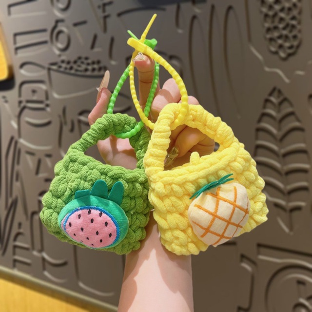 Creative Plush Fruit Mini Coin Purse Keychain Handmade Crochet Wool Earphone Cover Bags Kawaii Fruit Storage Gift Colorful Bags