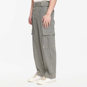 100% algodón Y2K Hip Hop invierno Casual Chill estilo pantalones vaqueros de pierna ancha con cinturón de tiro medio lavado bolsillos utilitarios laterales todo sobre rayas - Product Image 2