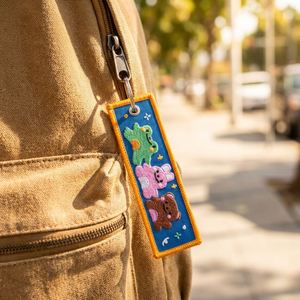 Porte-clés tissé brodé personnalisé avec logo sur mesure et motifs animaux/poupées – Porte-clés brodé durable - Product Image 1
