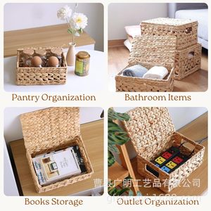 Chi An Home Rattan <b>Storage</b> <b>Basket</b> With Lid Rectangle Eco-Friendly Household Organizer For Toys Cosmetics Desktop Use - Product Image 4