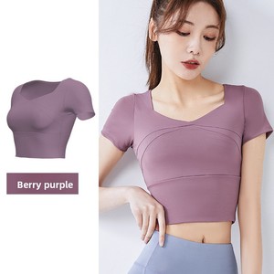 QUFENG haut de yoga à manches courtes <span class=keywords><strong>body</strong></span> nu avec bande élastique coussin de poitrine vêtements de sport - Product Image 6