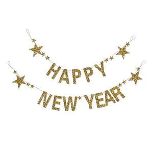 BA070 Happy New Year Cheering Party Banner Gold Stars With Happy New Year Glitter Banner