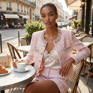 Set di Lusso <span class=keywords><strong>in</strong></span> <span class=keywords><strong>Tweed</strong></span> Rosa per Donna, <span class=keywords><strong>Giacca</strong></span> e Shorts con Cristalli e Strass, Completo a 2 Pezzi con Lavorazione Artigianale - Product Image 2