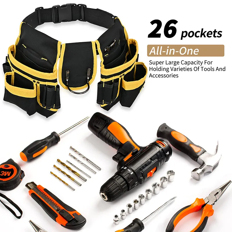 Bolsa de cinturón de herramientas de cintura desmontable para carpintero, bolsa de 26 bolsillos multifuncional resistente personalizada para carpintero electricista