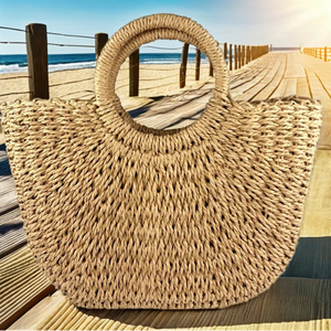 Bolso de Hombro Tipo Tote de Verano para Mujer, Estilo Bohemia, Tejido a Mano, de Ratán, con Forro de Lino y Algodón, Cierre de Cremallera, Logotipo Impreso - Product Image 2