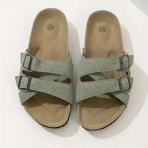 Pantofole da donna in pelle scamosciata morbida <span class=keywords><strong>suola</strong></span> in <span class=keywords><strong>sughero</strong></span> sandali larghi <span class=keywords><strong>con</strong></span> due fibbie regolabili in metallo sandali da spiaggia da esterno - Product Image 2