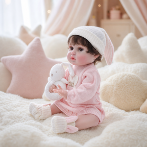 Bambola Reborn in Vinile da 20 Pollici con Orecchie da Coniglio, Set Maglione <span class=keywords><strong>Rosa</strong></span> Lavorato a Maglia, Bambola Neonato Peluche per Giochi di Ruolo - Product Image 6