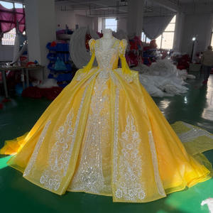 Jancember XS123 Jaune Brillant Col en V Empire Paillettes Perlées Robes de Soirée avec Traîne - Product Image 3