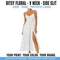 Robe midi pour femme, personnalisée, à imprimé floral, à bretelles spaghetti, col en V, froncée, coupe trapèze, avec fente cuisse, été, fabricant OEM, vente en gros