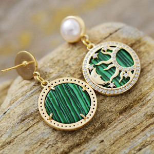 Boucles d'oreilles pendantes de luxe en malachite, perles et zircon, motif constellation, bijoux de soirée, couleur paon, sertissage clos en alliage de zinc - Product Image 3