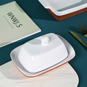 <span class=keywords><strong>Assiette</strong></span> à beurre en terre cuite blanche et brillante avec couvercle en grès céramique rectangulaire pour un usage domestique Pack de restaurant avec logo personnalisé - Product Image 1