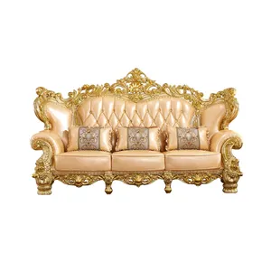 Set Sofa Kulit Asli Ruang Tamu Gaya Eropa Furnitur Antik Desain Klasik