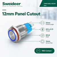 Interrupteur à bouton-poussoir métallique de 12 mm avec fonction de verrouillage momentané, LED en option, symbole d'alimentation, 1NO, IP65, pour montage sur panneau de commande industriel