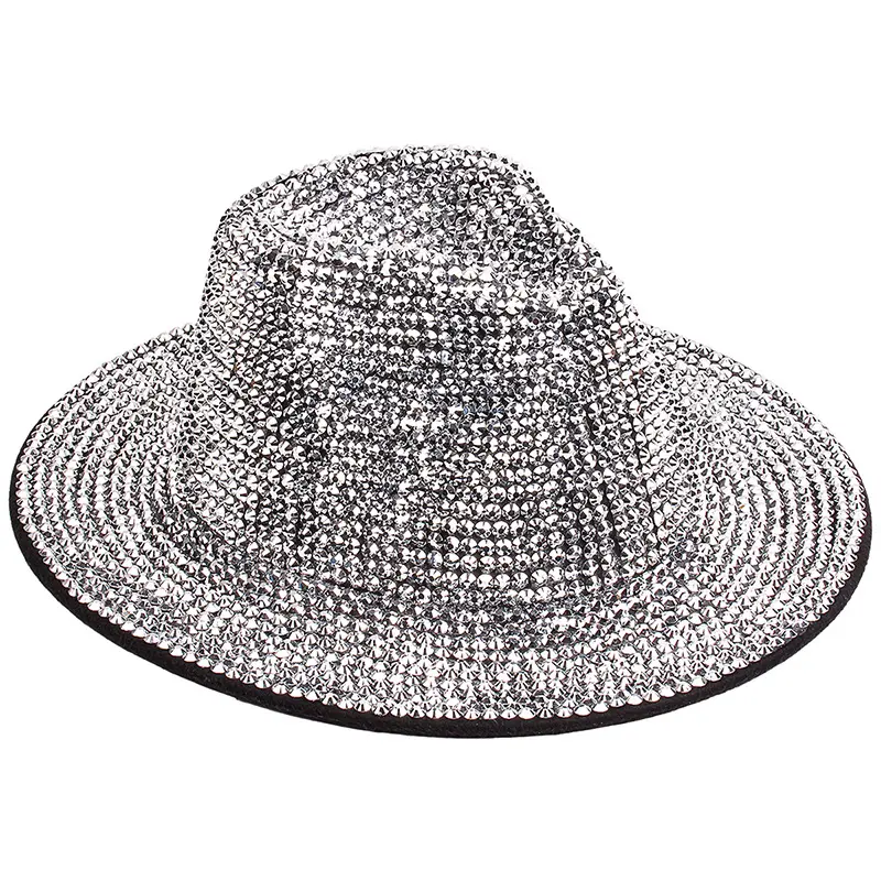 Toptan 2023 moda Bling çivili Fedora şapka kadın Rhinestone geniş fötr şapka Fedora şapka s