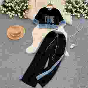 Ensembles de sport basiques pour femmes été 2025 : Haut et ensemble en jean patchwork, survêtements de jogging – Vente en gros - Product Image 2