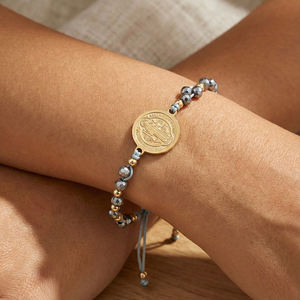 Bracelet médaille de Saint Benoît Go2boho, cordon réglable à perles facettées grises, bracelet chrétien - Product Image 1