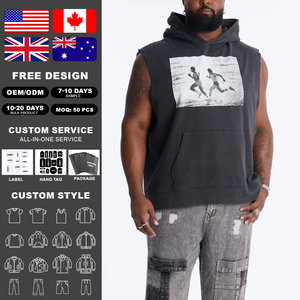 KingSen High Quality Washed Cotton Sleeveless Hoodie OEM <b>Men</b> Vintage Graphic Print Oversized Streetwear Vest - Product Image 2