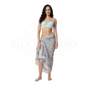 Moonlight Grey Hand Block Print Cotton <b>Sarong</b> Wrap for Women, Lightweight Bikini Cover-Up, Summer Beach & Resort Wear - Product Image 4
