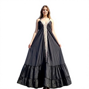 Silk Frill <b>Long</b> Dress A-Line Maxi V-Neck <b>Spaghetti</b> Strap Embroidered Ruffles Summer Vacation Style vintage boho dress - Product Image 1