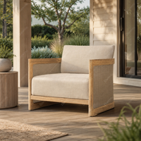 Fauteuil de salon d'extérieur en teck naturel et rotin, fauteuil club à assise profonde, mobilier rembourré pour patio, jardin, resort, villa, bord de piscine