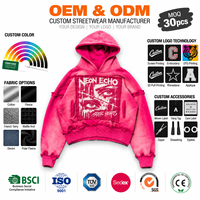 Sweats à capuche streetwear en gros 480 GSM surdimensionnés épais personnalisés délavés à l'acide imprimés en 3D effilochés déchirés unisexe pull-over OEM