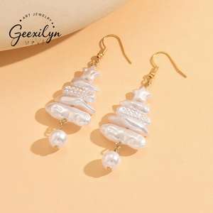 Avrupa amerikan noel ağacı pirinç şekli beyaz inci altın kaplama paslanmaz çelik Trendy bırak küpe kadın noel hediyesi - Product Image 5