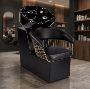 Nouveau fauteuil de lavage moderne en cuir avec bac en céramique et structure métallique pour salon de coiffure - Conception semi-inclinable - Product Image 1
