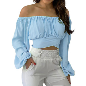 Elegante damesblouse met off-shoulder print, sexy kanten strik, open rug, slank model, casual, lange mouwen, cropped streetwear <span class=keywords><strong>blouse</strong></span>. - Product Image 5