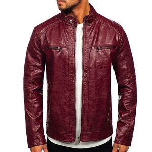 Men's <b>Burgundy</b> <b>Leather</b> Motorcycle <b>Jacket</b> Front Logo Stand Collar Zipper Closure Slim Fit Autumn Style - Product Image 4