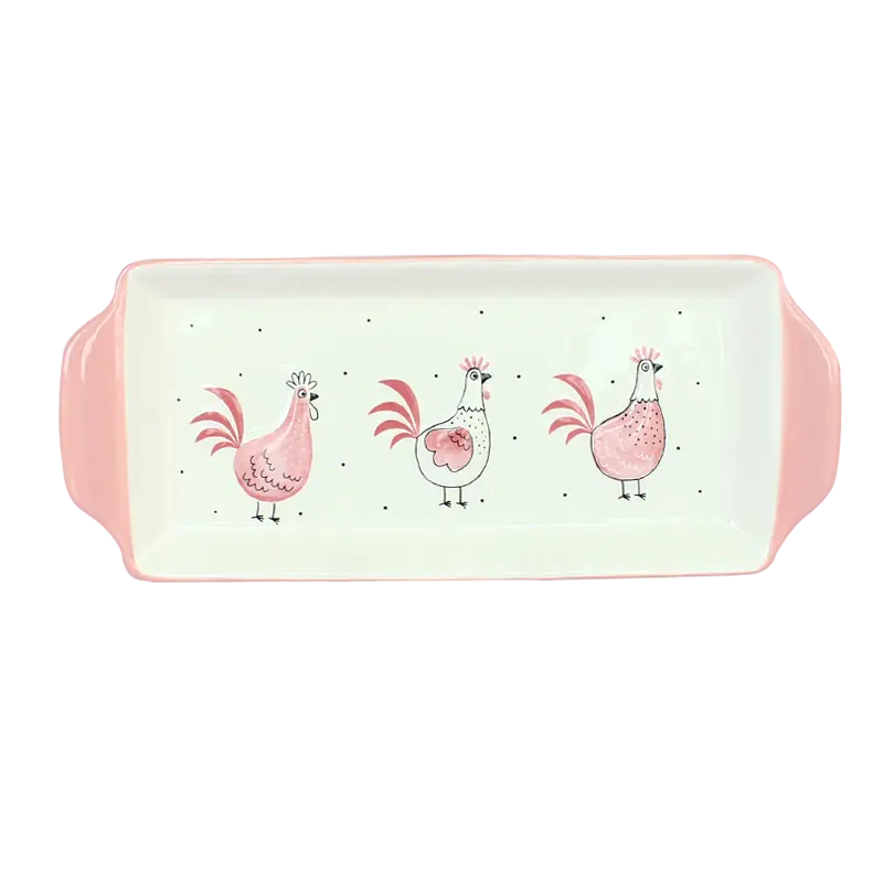 Plateau de service rectangulaire en céramique BONWILL, plateau de service pour poulet coq rose avec poignées