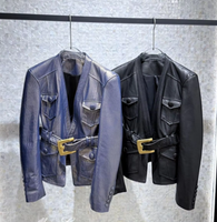 Veste en cuir de mouton véritable gaufré crocodile pour femme, avec ceinture à boucle dorée, poches à rabat, bleu noir, style motard court, automne hiver