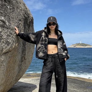 6873/다크 고딕 빈티지 스파클 플로럴 프린트 집업 후드티 캐주얼 데일리 스트리트 패션 아우터 - Product Image 2