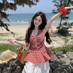 <b>Red</b> Plaid V-Neck <b>Vest</b> Women Summer Slim Fit Pleated Camisole <b>Top</b> Chic Outerwear Solid Color Twist Design - Product Image 5
