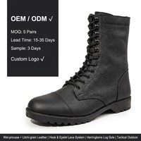 Bottes tactiques en cuir noir pour hommes, à lacets, avec double couche supérieure, œillets et semelle en caoutchouc à chevrons, vente directe d'usine