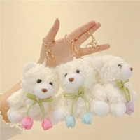 Porte-clés personnalisé en peluche ours en peluche avec ruban tulipe, vente en gros, pendentif animal en peluche doux, jouet ours mignon pour cadeau et breloques de sac