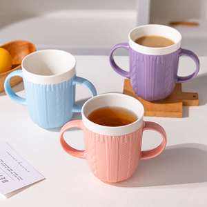 แก้วเซรามิกสองหูจับ สีพื้น ทนความร้อน ใช้กับไมโครเวฟได้ สำหรับกาแฟ ชา สีชมพู ฟ้า ม่วง แก้วเดี่ยว ของขวัญ - Product Image 1
