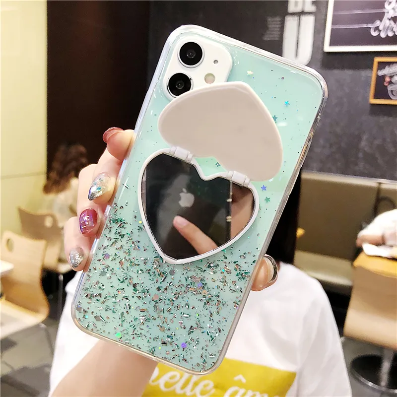 Love Heart Makeup Mirror Phone Stand Cellphone Case for iPhone 15 Pro Max Glitter Back Cover for iPhone 11 12 13 14 Pro Silicone