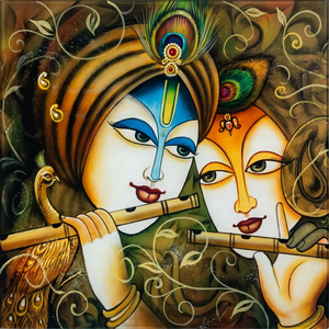 Impression sur toile d'art indien traditionnel, portrait de Krishna jouant de la flûte avec un paon, peinture acrylique Giclée, sans cadre, décoration intérieure - Product Image 1