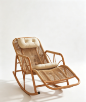 Fauteuil à bascule inclinable en rotin, moderne et confortable, avec repose-pieds allongé, structure tressée naturelle, coussins de tête et lombaires, pour intérieur, extérieur et balcon