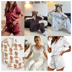 Conjunto de Pijama de Satén para Mujer, Elegante y Suave, de Manga Corta con Botones, Dos Piezas, Ropa de Dormir con Estampado Lindo para Verano - Product Image 4