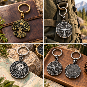 Porte-clés vintage en métal avec boussole, motif arbre et loup, en relief argent et or, fait main, pour l'aventure en plein air, objet de collection - Product Image 3
