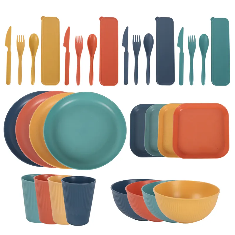 32pcs Eco-friendly Unbreakable Dinnerware Bamboo Fiber Lightweight Plates Cups Bowls Wheat Straw Plastic Tableware Set